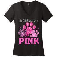 In October We Wear Pink Dog Cat Paw Breast Cancer Awareness Women's V-Neck T-Shirt