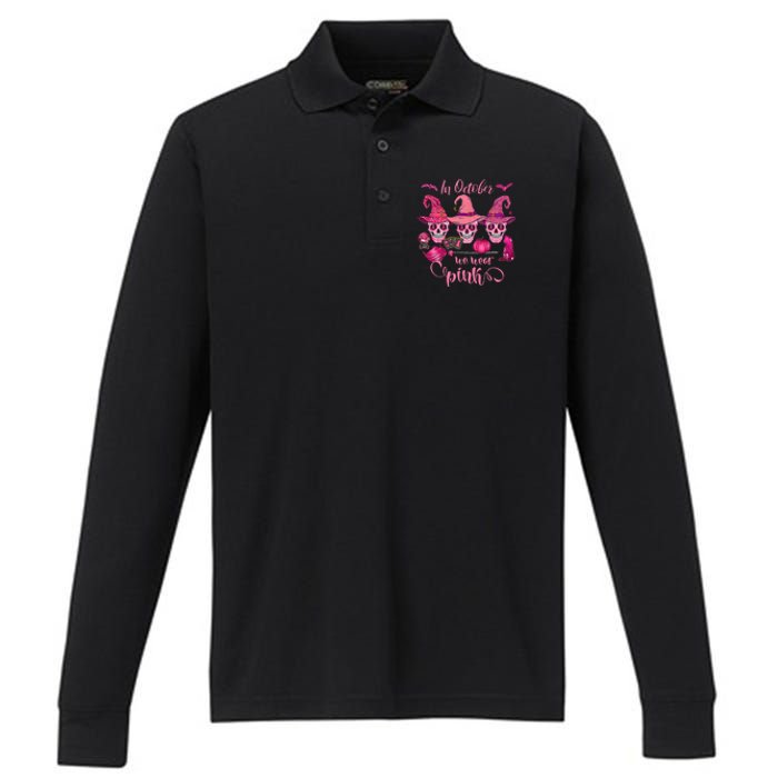 In October We Wear Pink Skull Witch Breast Cancer Awareness Performance Long Sleeve Polo