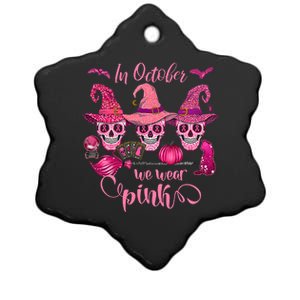 In October We Wear Pink Skull Witch Breast Cancer Awareness Ceramic Star Ornament