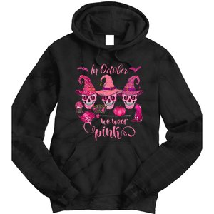 In October We Wear Pink Skull Witch Breast Cancer Awareness Tie Dye Hoodie