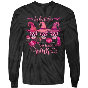 In October We Wear Pink Skull Witch Breast Cancer Awareness Tie-Dye Long Sleeve Shirt