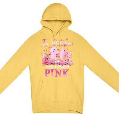 In October We Wear Pink Ghost Pumpkin Breast Cancer Warrior Premium Pullover Hoodie