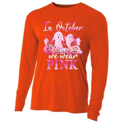 In October We Wear Pink Ghost Pumpkin Breast Cancer Warrior Cooling Performance Long Sleeve Crew