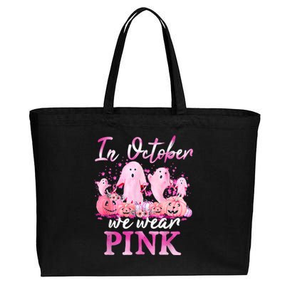 In October We Wear Pink Ghost Pumpkin Breast Cancer Warrior Cotton Canvas Jumbo Tote