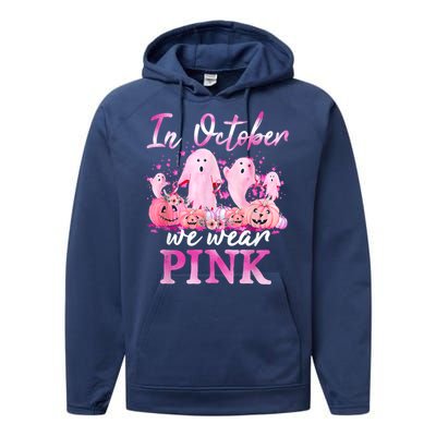 In October We Wear Pink Ghost Pumpkin Breast Cancer Warrior Performance Fleece Hoodie