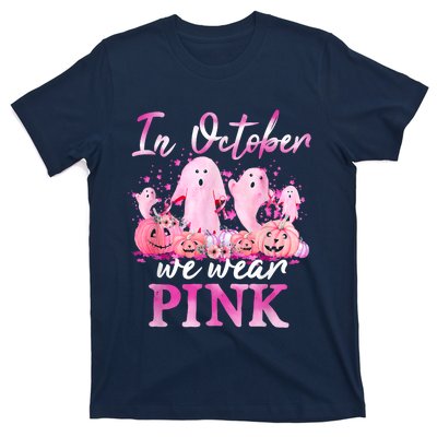 In October We Wear Pink Ghost Pumpkin Breast Cancer Warrior T-Shirt