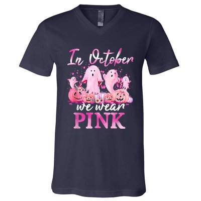 In October We Wear Pink Ghost Pumpkin Breast Cancer Warrior V-Neck T-Shirt