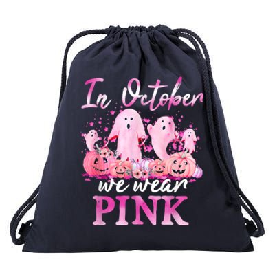 In October We Wear Pink Ghost Pumpkin Breast Cancer Warrior Drawstring Bag