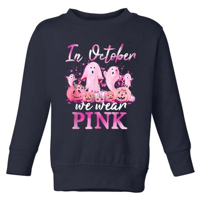 In October We Wear Pink Ghost Pumpkin Breast Cancer Warrior Toddler Sweatshirt