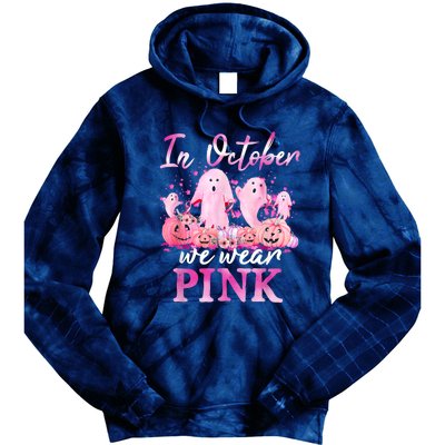 In October We Wear Pink Ghost Pumpkin Breast Cancer Warrior Tie Dye Hoodie