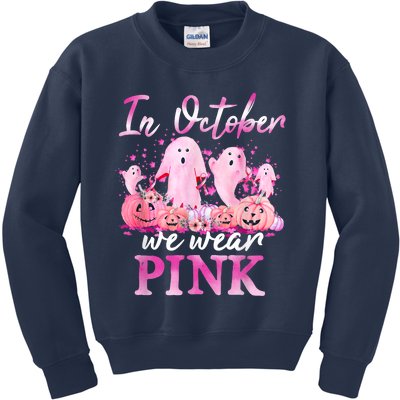 In October We Wear Pink Ghost Pumpkin Breast Cancer Warrior Kids Sweatshirt