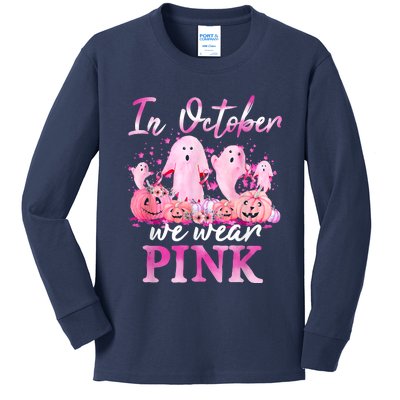 In October We Wear Pink Ghost Pumpkin Breast Cancer Warrior Kids Long Sleeve Shirt