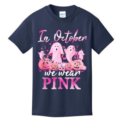 In October We Wear Pink Ghost Pumpkin Breast Cancer Warrior Kids T-Shirt