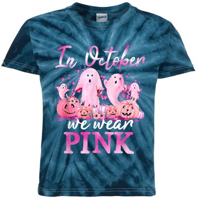 In October We Wear Pink Ghost Pumpkin Breast Cancer Warrior Kids Tie-Dye T-Shirt