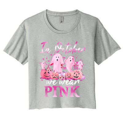 In October We Wear Pink Ghost Pumpkin Breast Cancer Warrior Women's Crop Top Tee