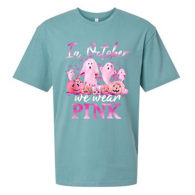 In October We Wear Pink Ghost Pumpkin Breast Cancer Warrior Sueded Cloud Jersey T-Shirt