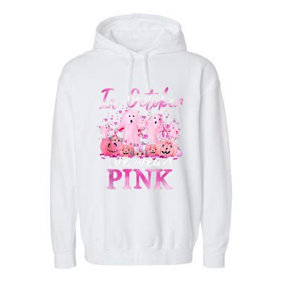 In October We Wear Pink Ghost Pumpkin Breast Cancer Warrior Garment-Dyed Fleece Hoodie