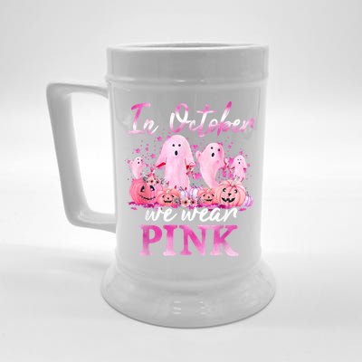 In October We Wear Pink Ghost Pumpkin Breast Cancer Warrior Beer Stein