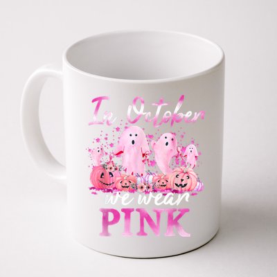 In October We Wear Pink Ghost Pumpkin Breast Cancer Warrior Coffee Mug