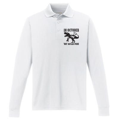 In October We Wear Pink Breast Cancer Awareness Dinosaur Performance Long Sleeve Polo