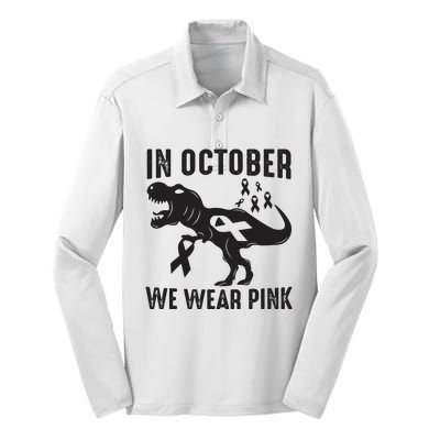 In October We Wear Pink Breast Cancer Awareness Dinosaur Silk Touch Performance Long Sleeve Polo