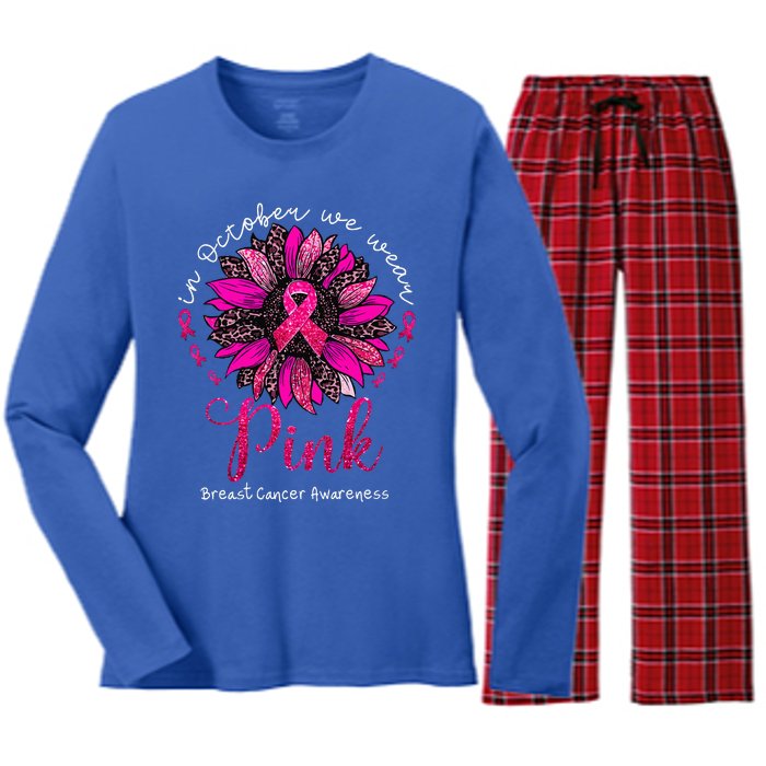 In October We Wear Pink Sunflower Breast Cancer Awareness Women's Long Sleeve Flannel Pajama Set 