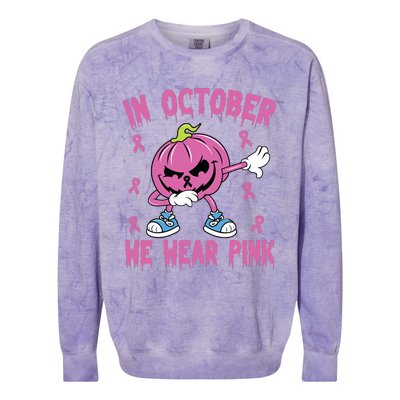 In October We Wear Pink Breast Cancer Pumpkin Halloween Colorblast Crewneck Sweatshirt