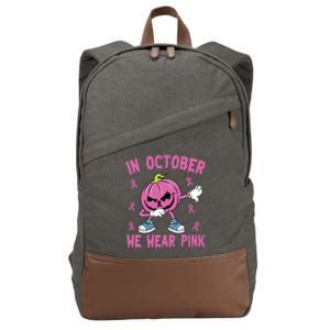 In October We Wear Pink Breast Cancer Pumpkin Halloween Cotton Canvas Backpack