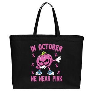 In October We Wear Pink Breast Cancer Pumpkin Halloween Cotton Canvas Jumbo Tote