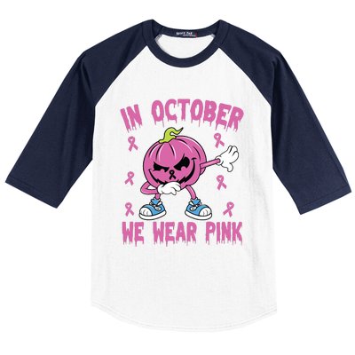 In October We Wear Pink Breast Cancer Pumpkin Halloween Baseball Sleeve Shirt