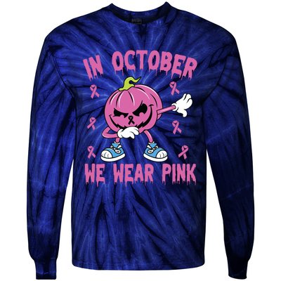 In October We Wear Pink Breast Cancer Pumpkin Halloween Tie-Dye Long Sleeve Shirt