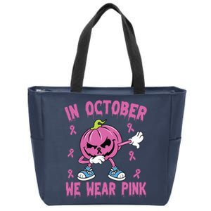 In October We Wear Pink Breast Cancer Pumpkin Halloween Zip Tote Bag