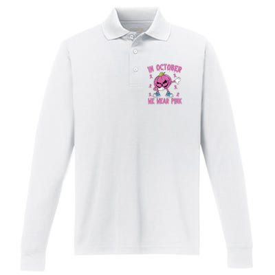 In October We Wear Pink Breast Cancer Pumpkin Halloween Performance Long Sleeve Polo