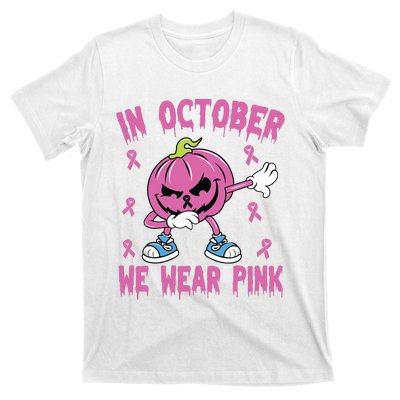 In October We Wear Pink Breast Cancer Pumpkin Halloween T-Shirt