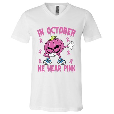 In October We Wear Pink Breast Cancer Pumpkin Halloween V-Neck T-Shirt