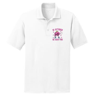 In October We Wear Pink Breast Cancer Pumpkin Halloween PosiCharge RacerMesh Polo