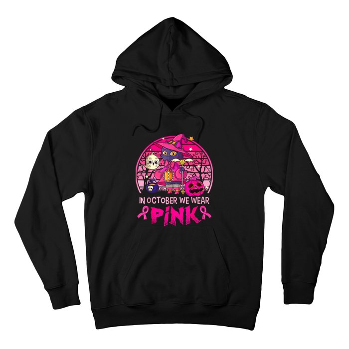 In October We Wear Pink Witch Cat Breast Cancer Awareness Hoodie