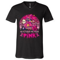 In October We Wear Pink Witch Cat Breast Cancer Awareness V-Neck T-Shirt