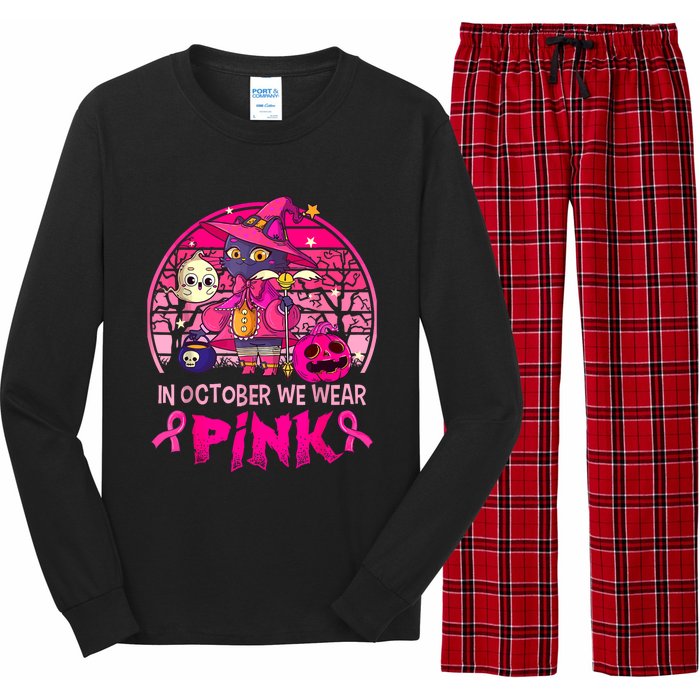 In October We Wear Pink Witch Cat Breast Cancer Awareness Long Sleeve Pajama Set