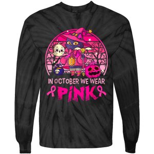 In October We Wear Pink Witch Cat Breast Cancer Awareness Tie-Dye Long Sleeve Shirt