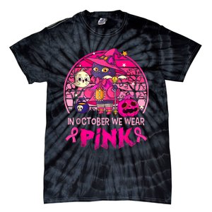 In October We Wear Pink Witch Cat Breast Cancer Awareness Tie-Dye T-Shirt