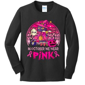 In October We Wear Pink Witch Cat Breast Cancer Awareness Kids Long Sleeve Shirt