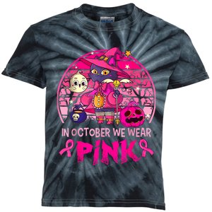 In October We Wear Pink Witch Cat Breast Cancer Awareness Kids Tie-Dye T-Shirt