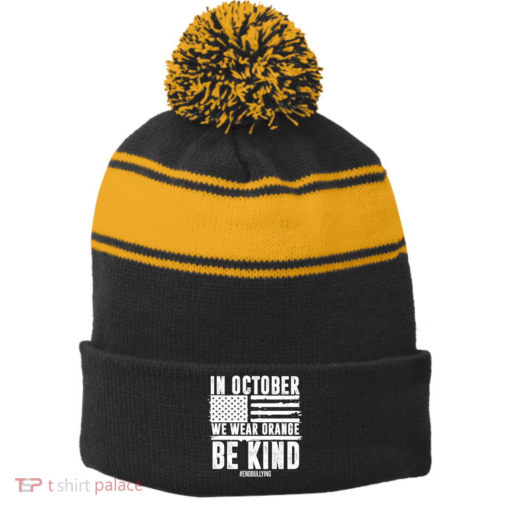 In October We Wear Orange Be Kind End Bullying Usa Flag Unity Day Stripe Pom Pom Beanie