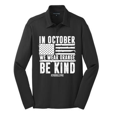 In October We Wear Orange Be Kind End Bullying Usa Flag Unity Day Silk Touch Performance Long Sleeve Polo