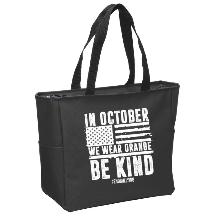 In October We Wear Orange Be Kind End Bullying Usa Flag Unity Day Zip Tote Bag