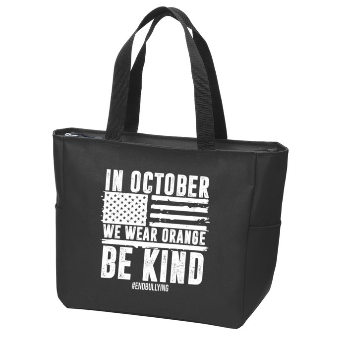 In October We Wear Orange Be Kind End Bullying Usa Flag Unity Day Zip Tote Bag