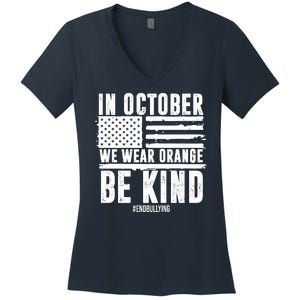 In October We Wear Orange Be Kind End Bullying Usa Flag Unity Day Women's V-Neck T-Shirt