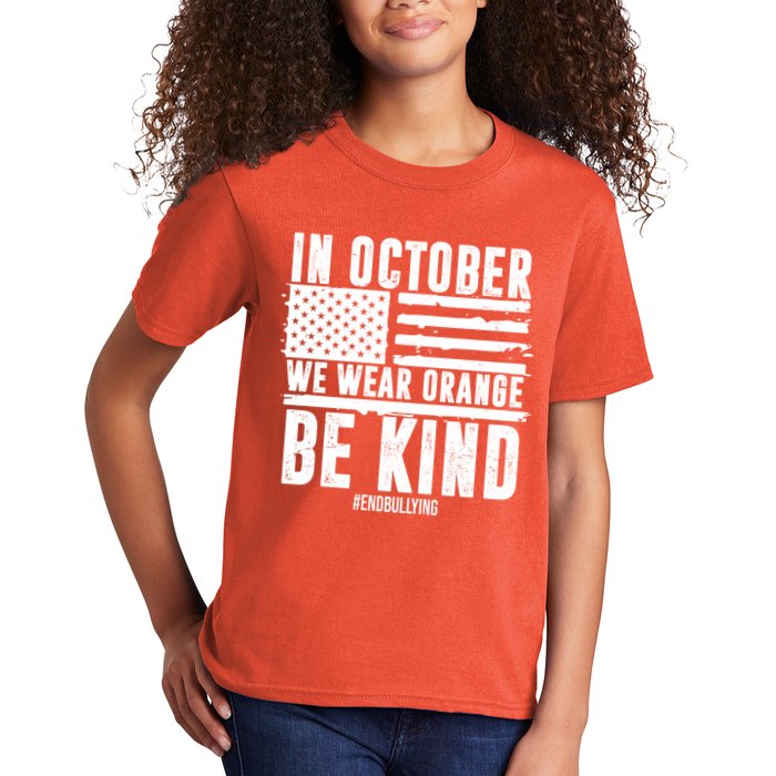 In October We Wear Orange Be Kind End Bullying Usa Flag Unity Day Kids T-Shirt