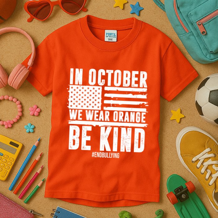 In October We Wear Orange Be Kind End Bullying Usa Flag Unity Day Kids T-Shirt